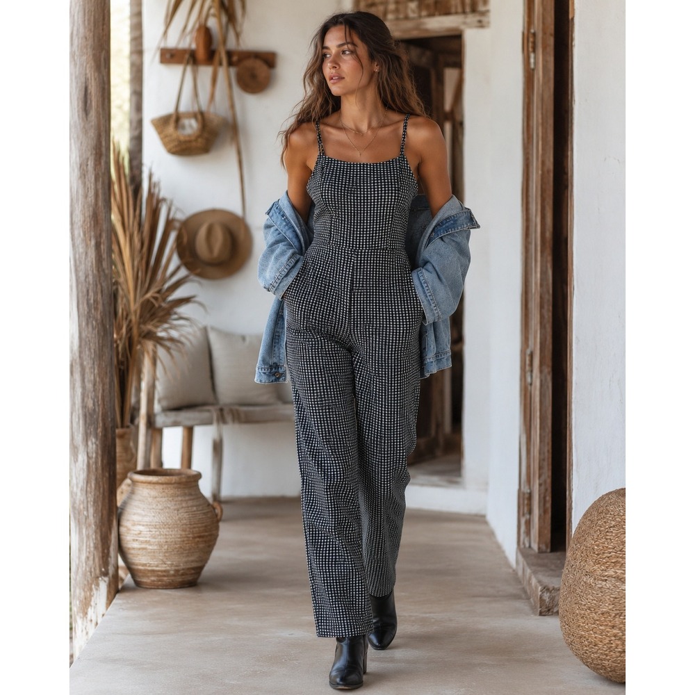 Urban Outfitters‎ Gingham Flare Jumpsuit Black White XS Pixie Grunge